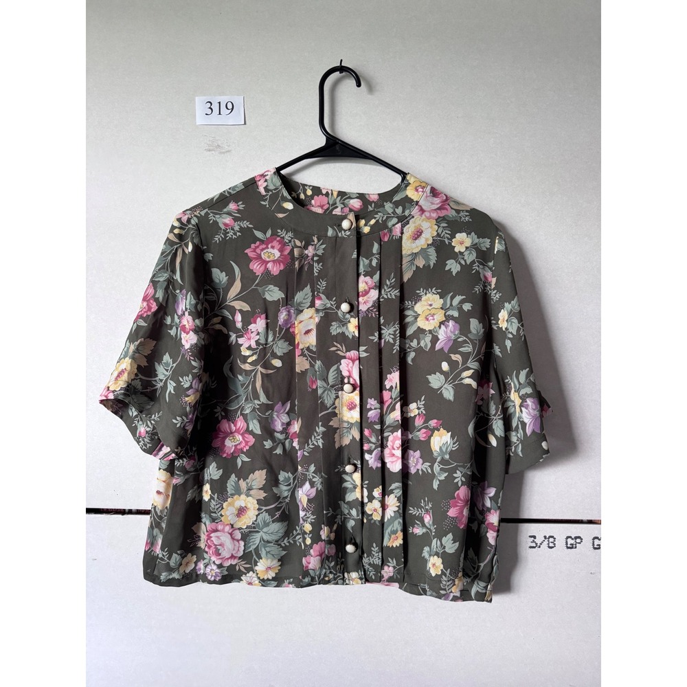 Alfred Dunner Petite Floral Button Front Blouse Olive Green Pink Pleated Top 14P